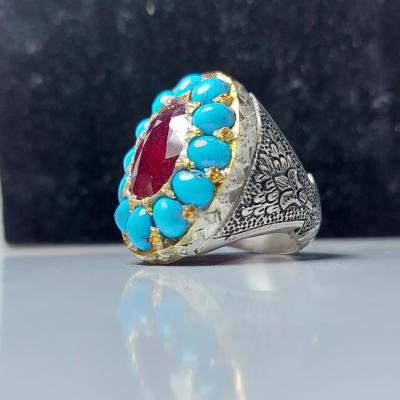 انگشتر نقره با سنگ یاقوت وفیروزه کد 1259