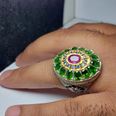 انگشتر نقره با سنگ زبرجد توپاز و یاقوت کد 1268