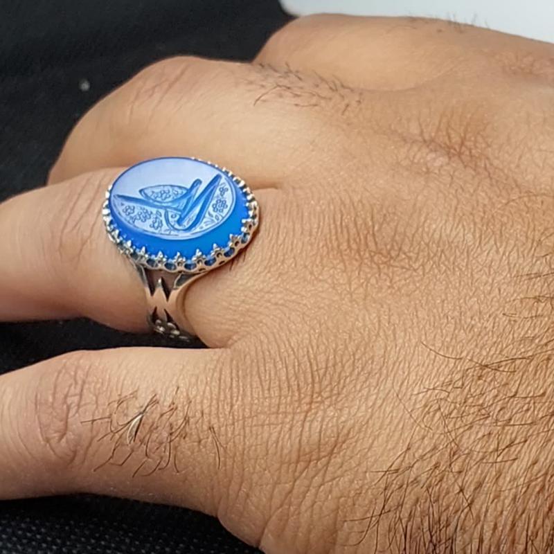 انگشتر نقره باسنگ عقیق ابی حکاکی علی کد 1702