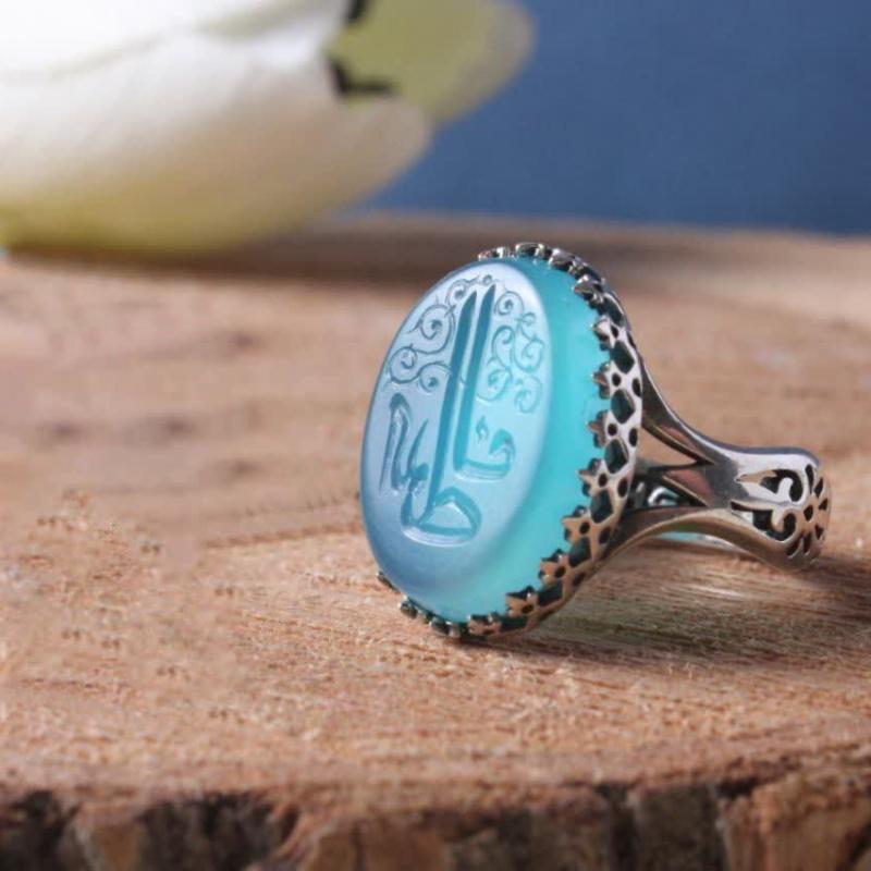 انگشتر عقیق آبی مردانه "ارادت فاطمی" – متبرک به نام "یا فاطمة الزهرا (س)" کد 4243