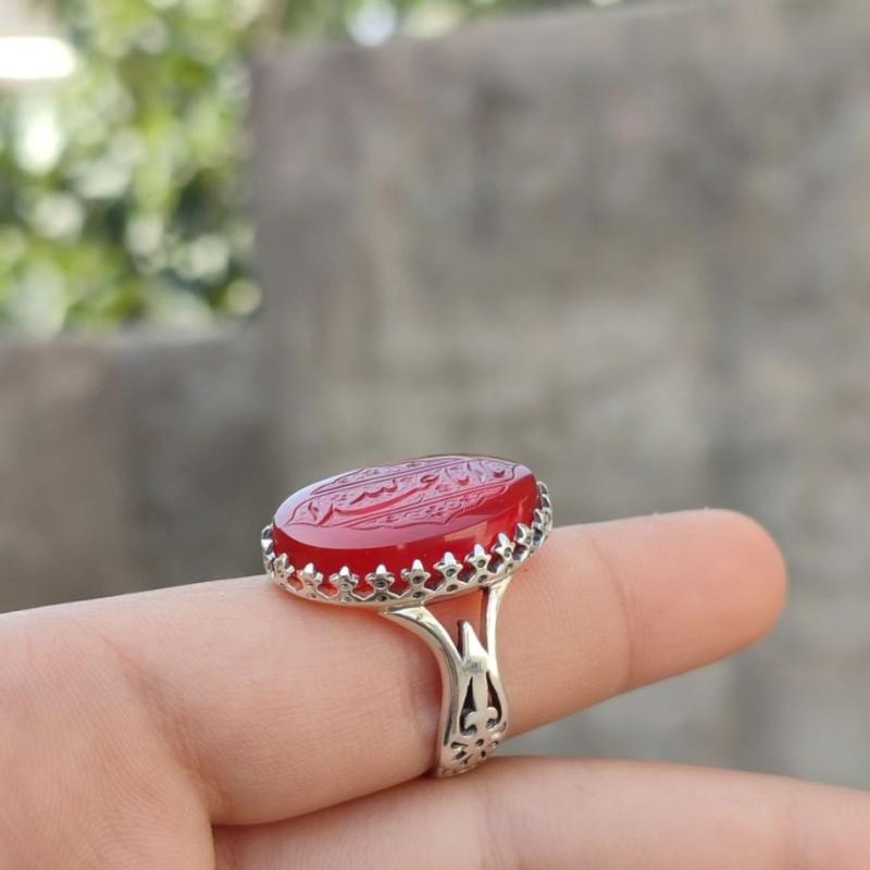 انگشتر نقره باسنگ عقیق قرمز با حکاکی یا اباعبدلله کد 1355