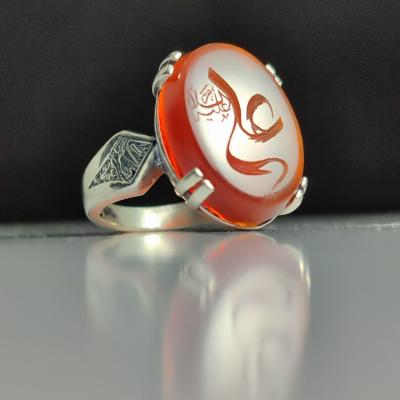 خرید انگشتر نقره عقیق سرخ با حکاکی "علی (ع)" و رکاب خاص چهار چنگ کد ۱۹۰۷