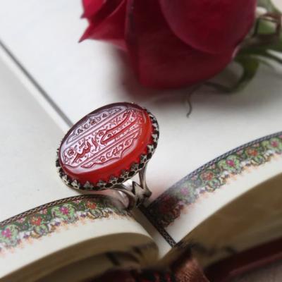خرید انگشتر نقره عقیق سرخ با حکاکی "حسبی الله" و رکاب قدرتمند طرح نیزه کد 2062