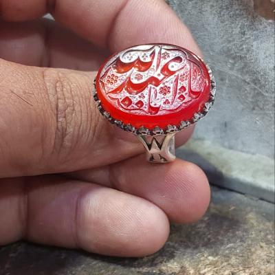 انگشتر نقره باسنگ عقیق قرمز حکاکی یا اباعبدلله کد ۱۵۵۲