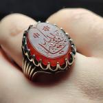 خرید انگشتر عقیق قرمز خطی نقش "یابقیه‌الله"؛ شاهکار رکاب شیاری کد 2184