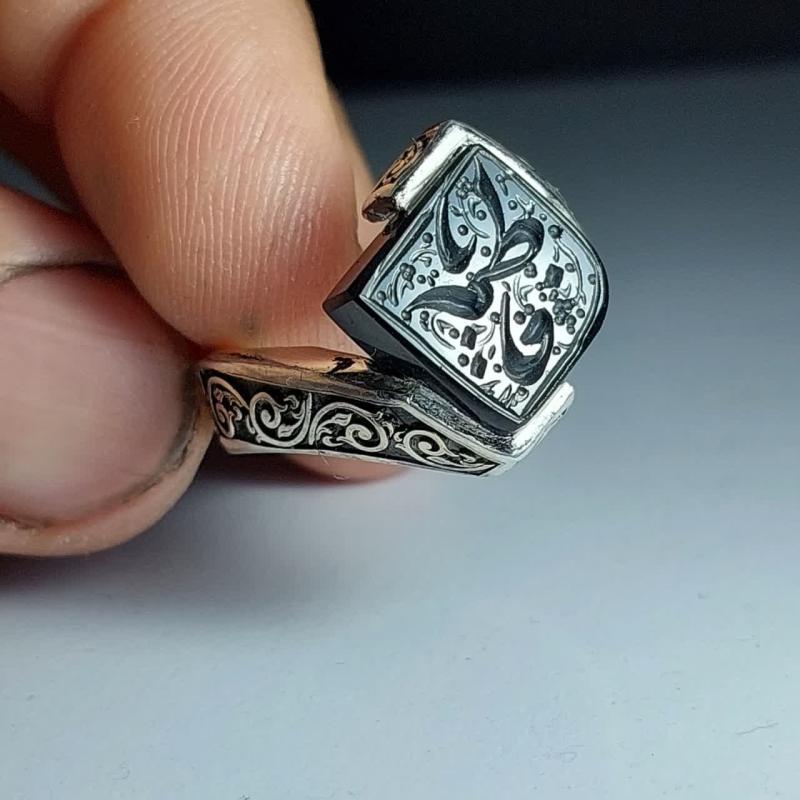 خرید انگشتر عقیق مشکی اصل با حکاکی یا فاطمه (س) - رکاب مدل نقطه کد 1885