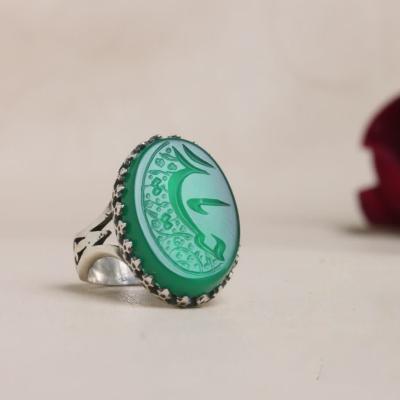 انگشتر نقره باسنگ عقیق سبز رکاب نیزه حکاکی یا حیدر کد 2258