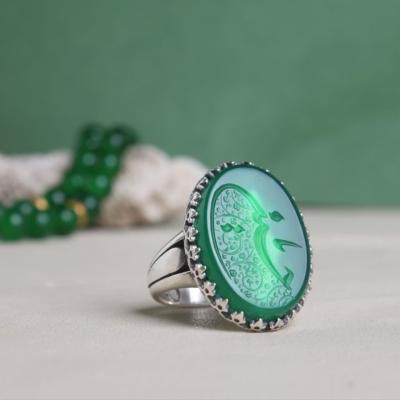 انگشتر نقره باسنگ عقیق سبز رکاب پا اردکی حکاکی یاحسین کد 2247