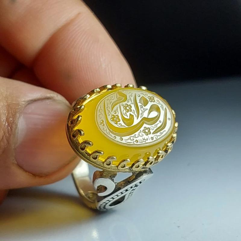 خرید انگشتر عقیق زرد مردانه طرح اشک (متبرک به نام امام رضا ع) کد ۱۸۶۱