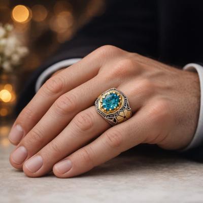 خرید انگشتر توپاز آبی اصل با رکاب تاج برنجی کد 1852