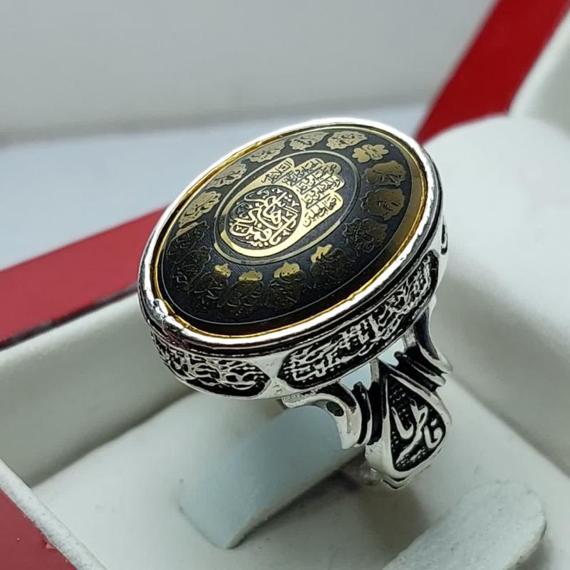 انگشتر سنگ حدید با حکاکی چهارده معصوم رکاب چهارسلام کد 1287