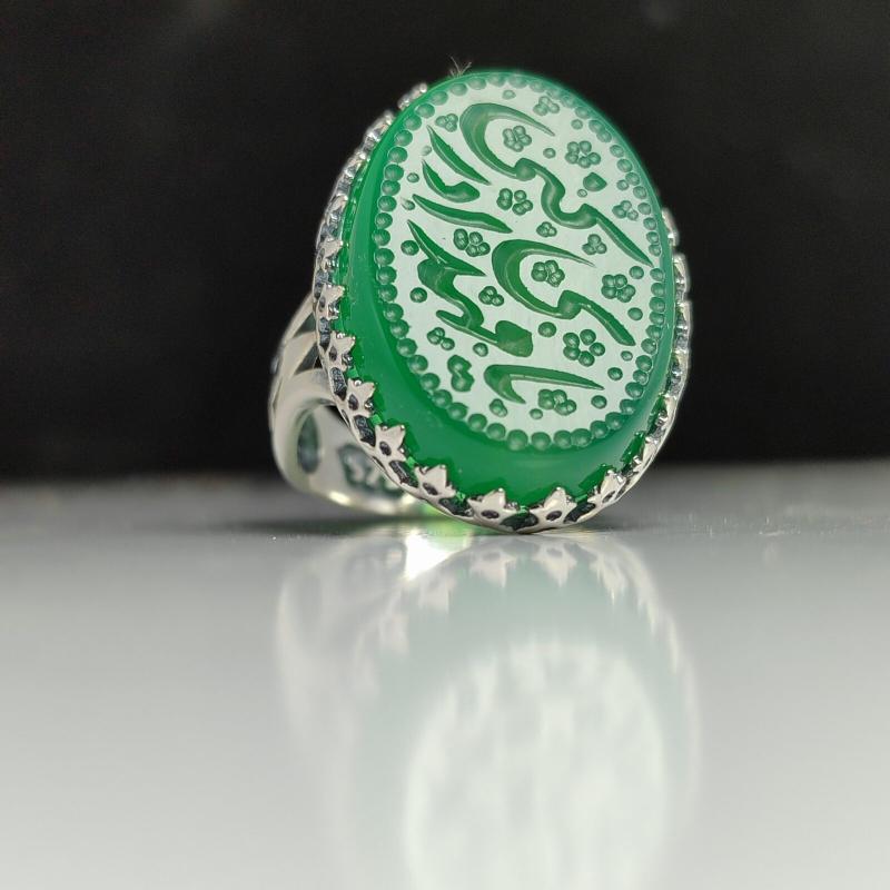 انگشتر نقره مردانه عقیق سبز با حکاکی یا مهدی ادرکنی (عج) کد 1104