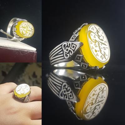 انگشتر عقیق زرد با حکاکی حسبی الله رکاب طرح شش چنگ کد 1137