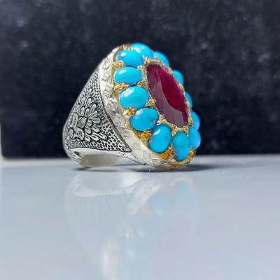 انگشتر نقره با سنگ یاقوت وفیروزه کد 1259