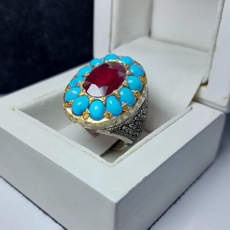 انگشتر نقره با سنگ یاقوت وفیروزه کد 1259