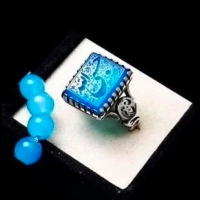 انگشتر نقره باسنگ عقیق آبی حکاکی حسبی الله رکاب رهبری کد 2539