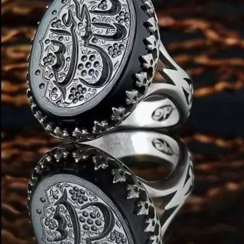 انگشتر نقره باسنگ عقیق مشکی حکاکی یا اباعبدلله الحسین رکاب نیزه کد 2541