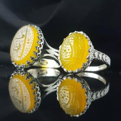 ست زوجین نقره حکاکی یاعلی و یازهرا عقیق زرد کد 2546