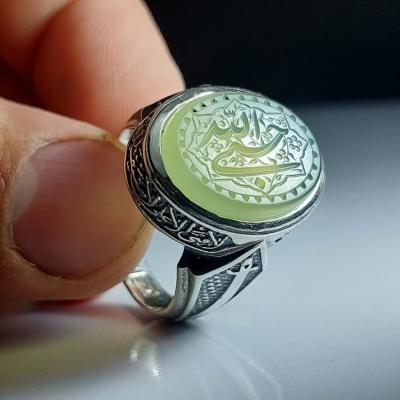 انگشتر نقره عقیق سبز با حکاکی حسبی الله ذکر روی رکاب لافتی الاعلی لا سیف الا ذوالفقار 4248